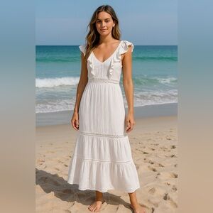 🤍 Forever 21 White Ruffle Boho Midi Dress – Size M - NWT